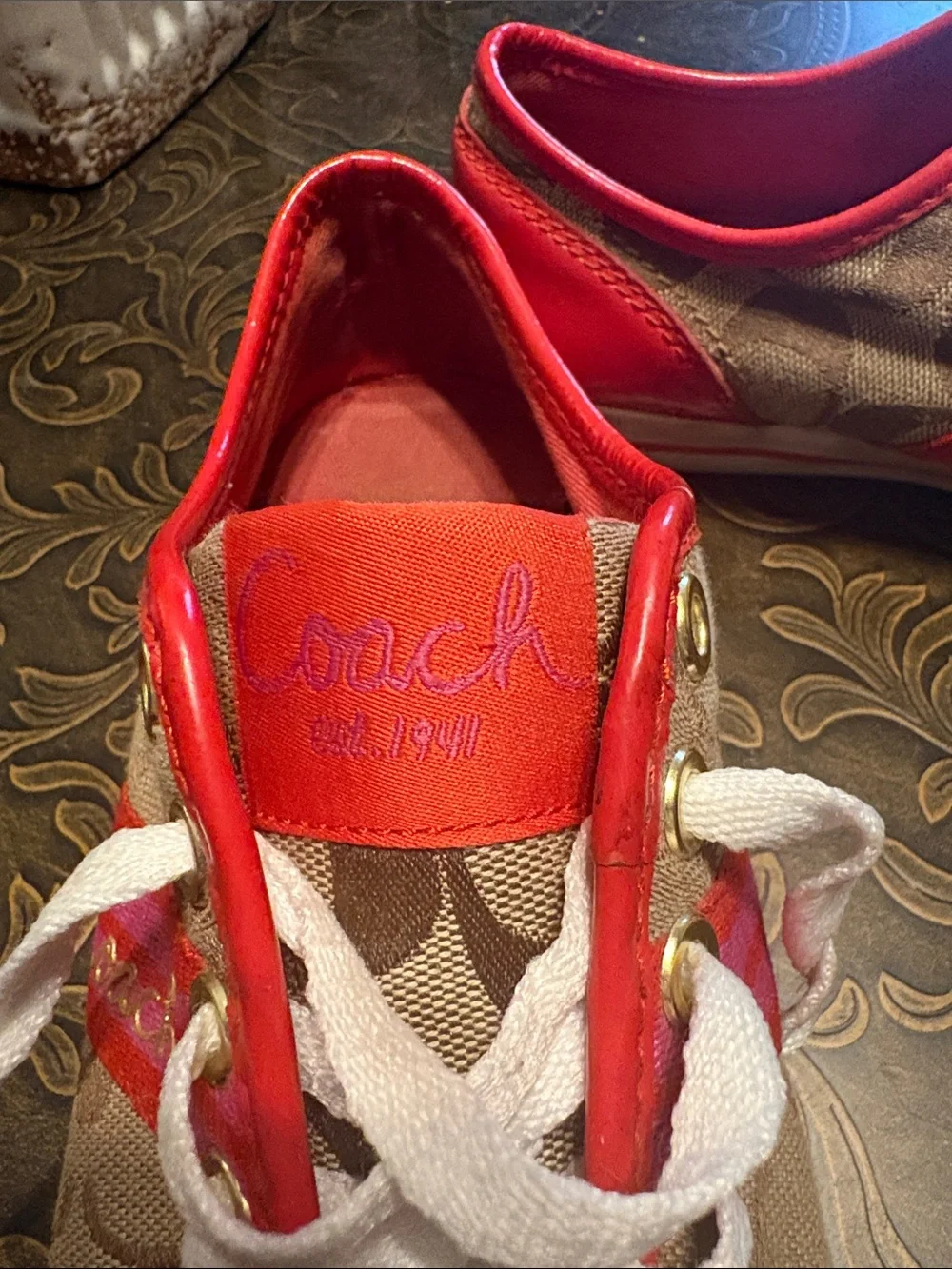 Coach Tan Signature Canvas Women’s Sneakers with Red Trim - Picture 3 of 4